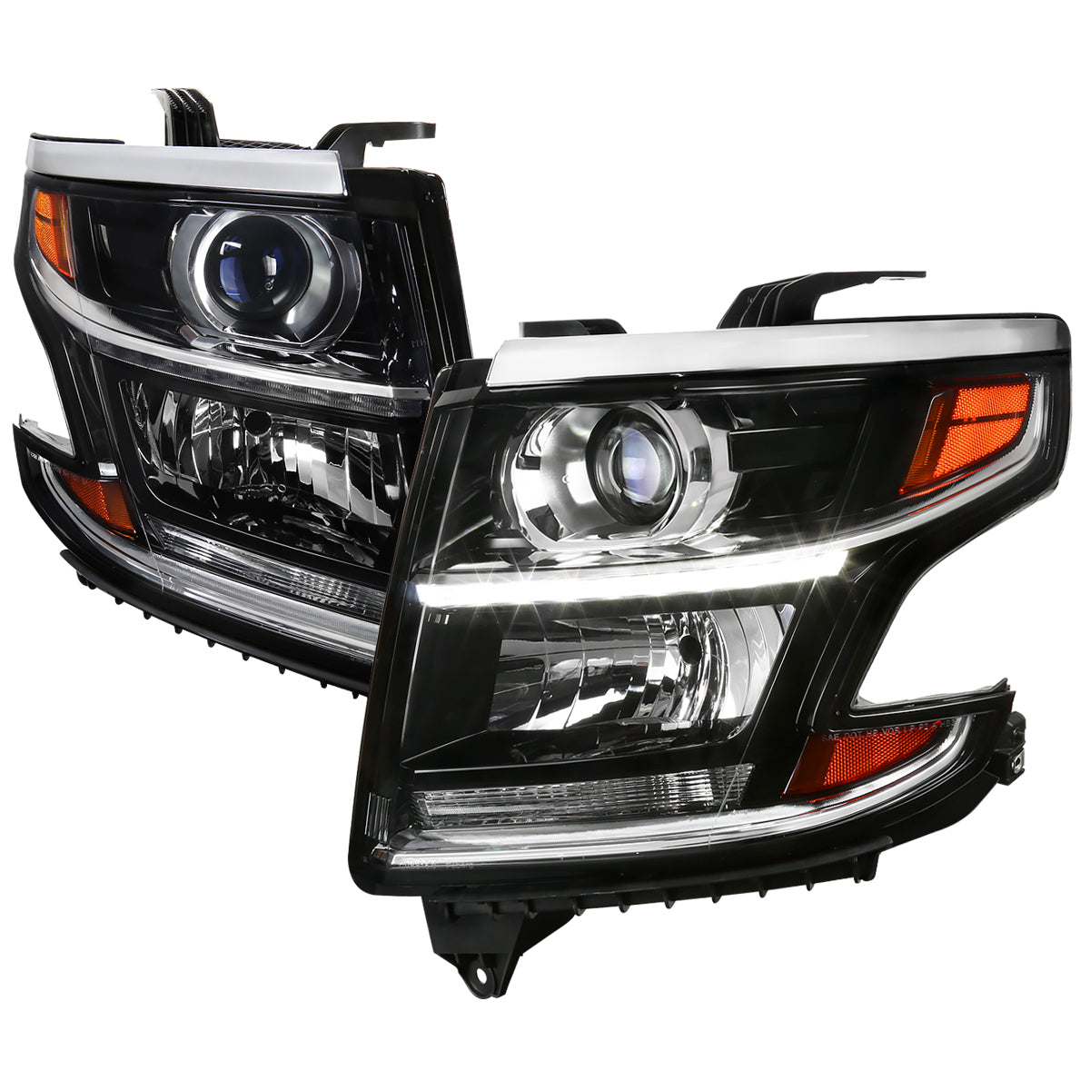 Spec-D 15-20 Chevy Tahoe/Suburban Projector Headlights LED Strip Black