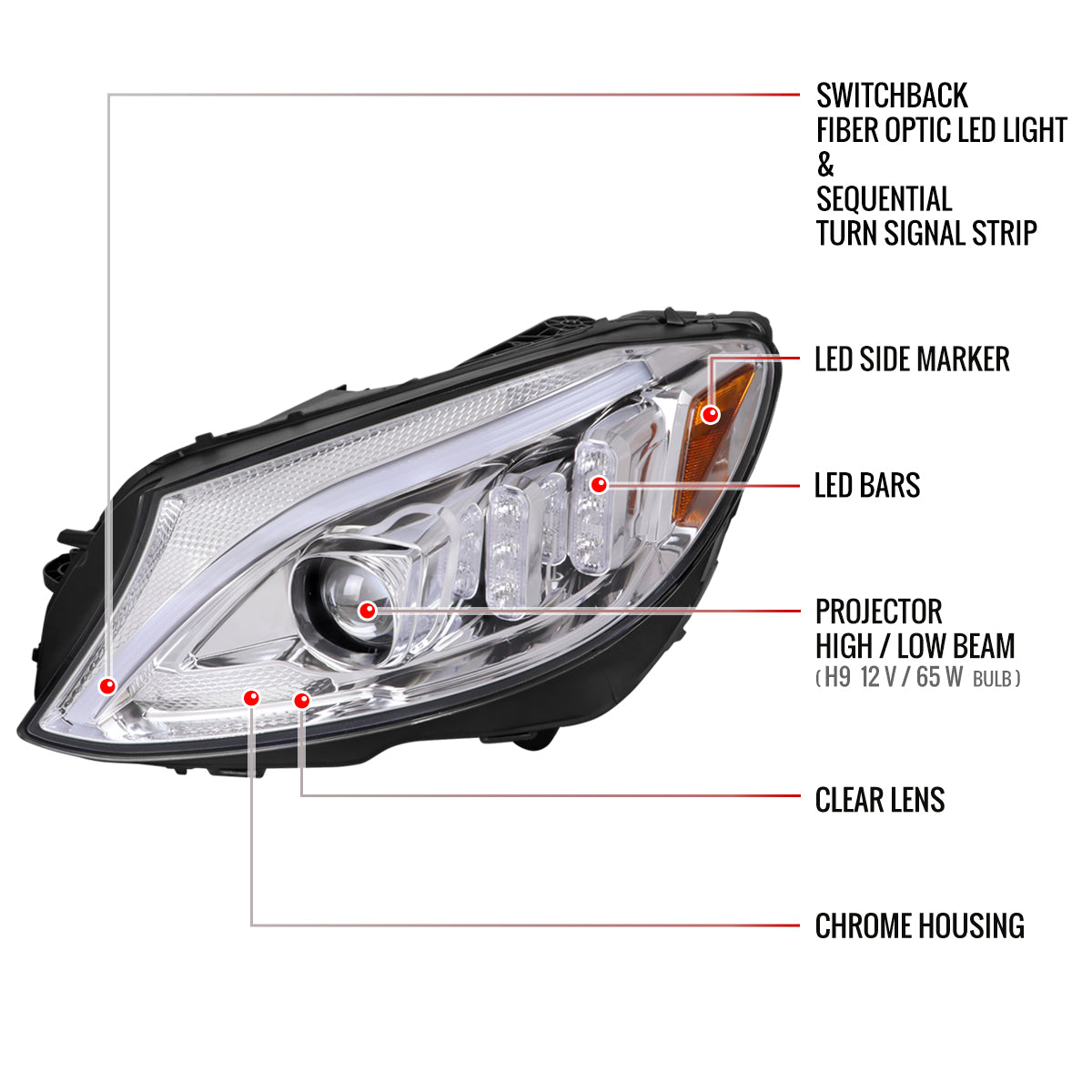 Spec-D 15-18 Mercedes C-Class W205 SEQ Projector Headlights Chrome