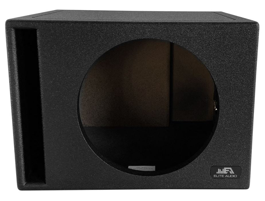 Elite Audio EBOX-BLVS12 Vented Single 12” Subwoofer Enclosure - Polyurethane Bed Liner Finish, 3/4” MDF with 1” Front Baffle, Pro-Tuned Ports, High-Current Terminals for Powerful Bass & Superior Sound Quality