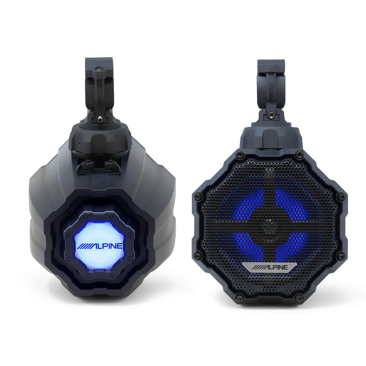 Alpine (2) SPV-65RGB-CAN 6.5” Cage-Mounted Universal Weather-Resistant Coaxial RGB LED Speaker Pods with KTA-30FW Amp