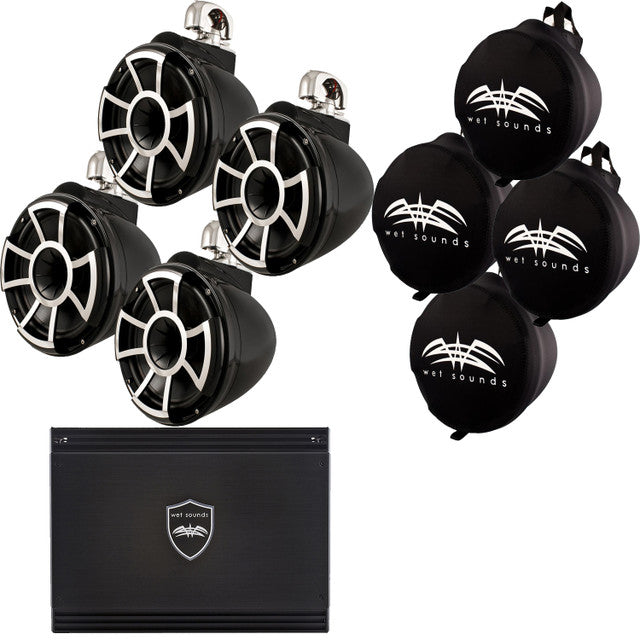 Wet Sounds Two Pairs of Black REV 10 Swivel Clamp Tower Speakers with Wet Sounds Suitz speaker Covers & SD2 Amplifier
