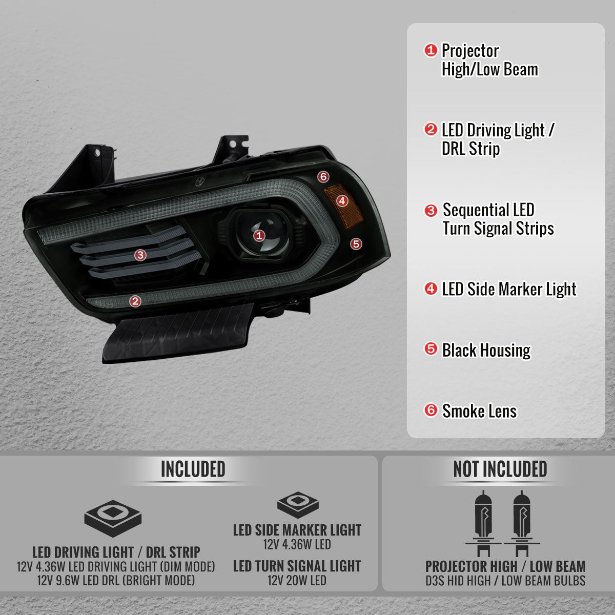 Spec-D 11-14 Dodge Charger Projector HID Headlight Black/Smoked