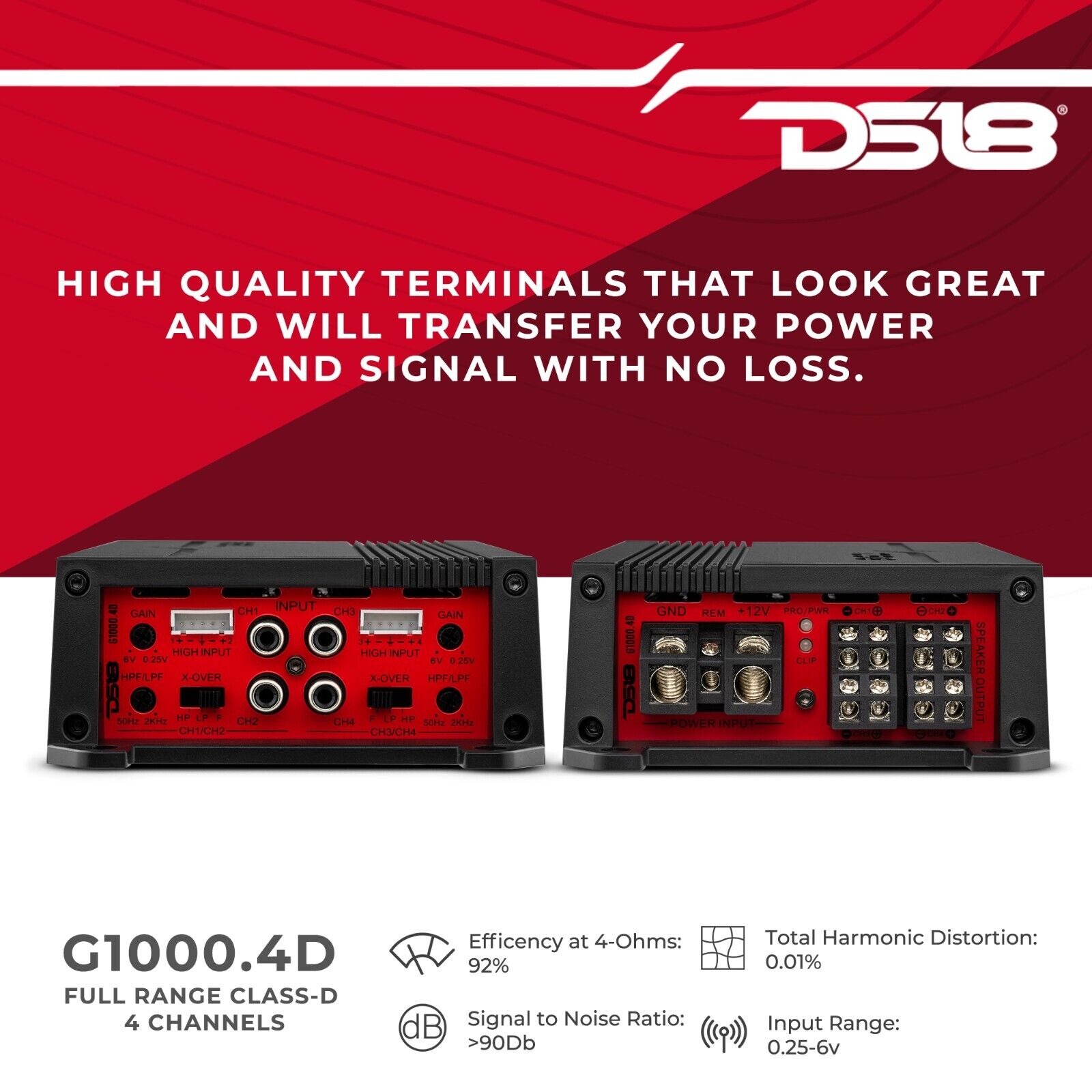 DS18 G1000.4D (GEN-X Full-Range Class D 4-Channel Amplifier 4 x 90 Watts Rms @ 4-ohm)
