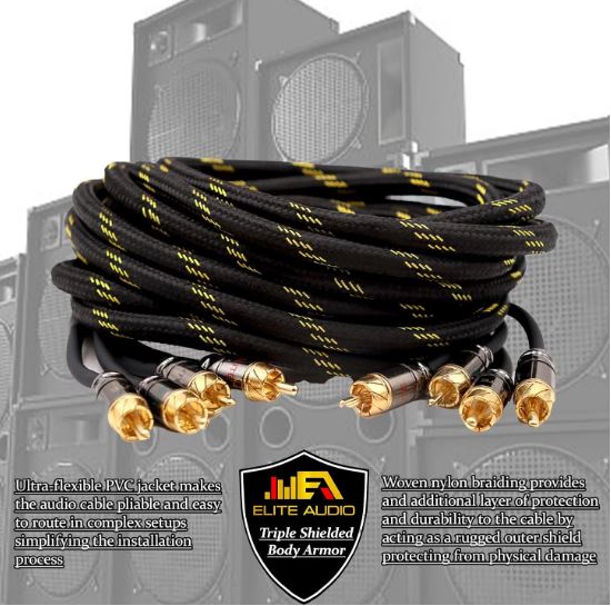 Elite Audio 20ft RCA Audio Cable – Dual Channel, Oxygen-Free Copper, Triple Shielded, Brass Connectors