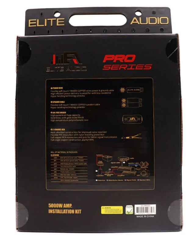 Elite Audio EA-PROK0 Pro Series 100% OFC Copper 0 Gauge Amp Kit | True Gauge Complete Amp Wiring Kit | Elite Audio