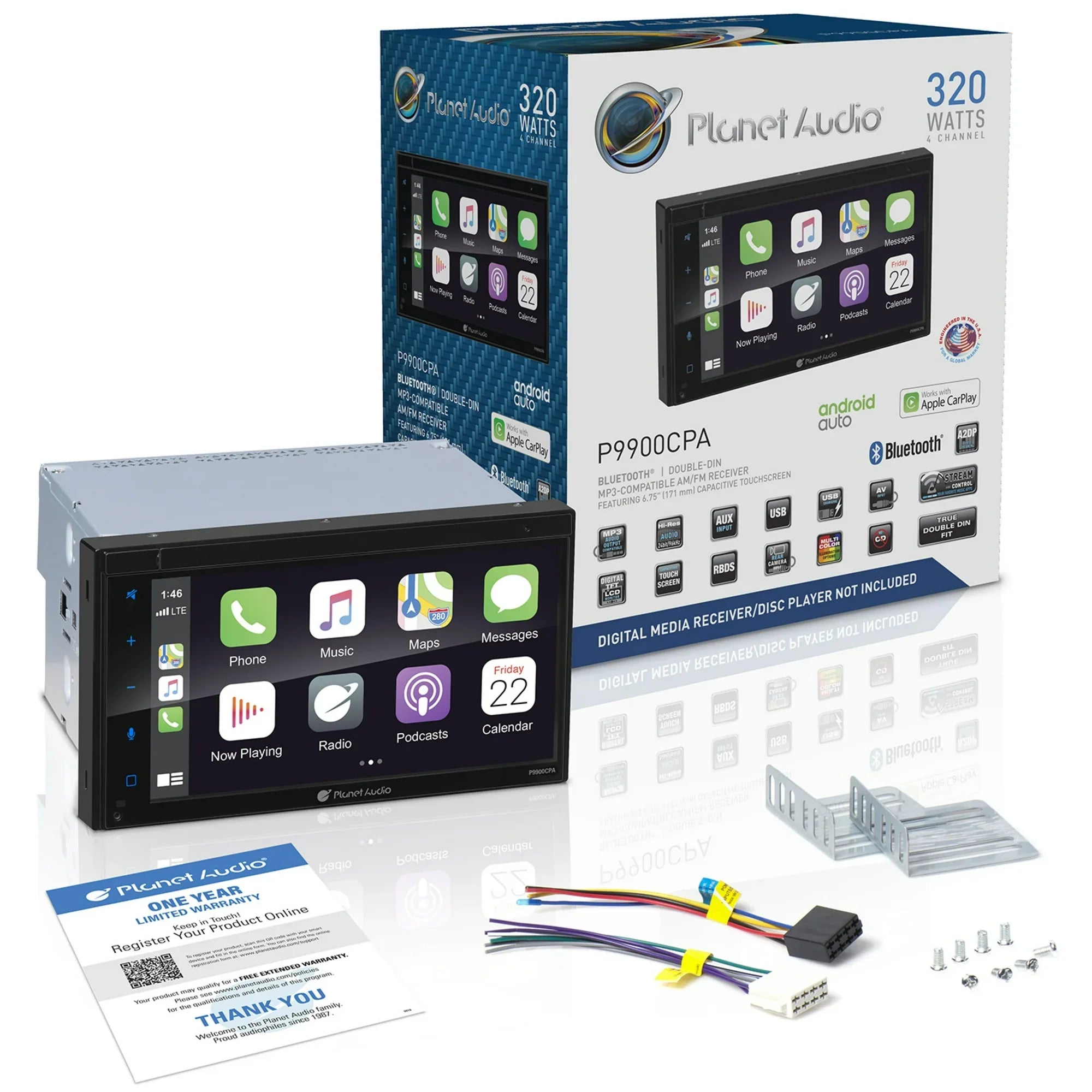 Planet Audio P9900CPA Car Stereo - Apple CarPlay, Android Auto, Double-Din, 6.75 Inch Touchscreen, Bluetooth, No DVD CD Player, AM/FM Radio Receiver, USB