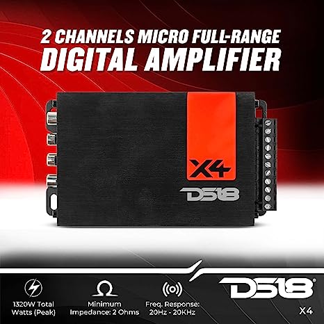 DS18 X4 Ultra Compact Amplifier - 4 Channel, Full Range, Class D, 1400 Watts - Ultra Small Size for Easy Installation on Many Applications