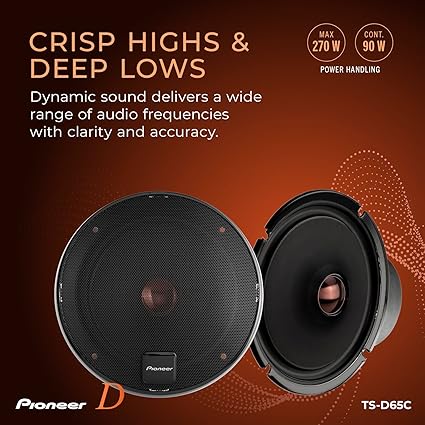 Pioneer TS-D65C, 2-Way Car Audio Speakers, Full Range, Clear Sound Quality, Easy Installation and Enhanced Bass Response, 6.5” Speakers