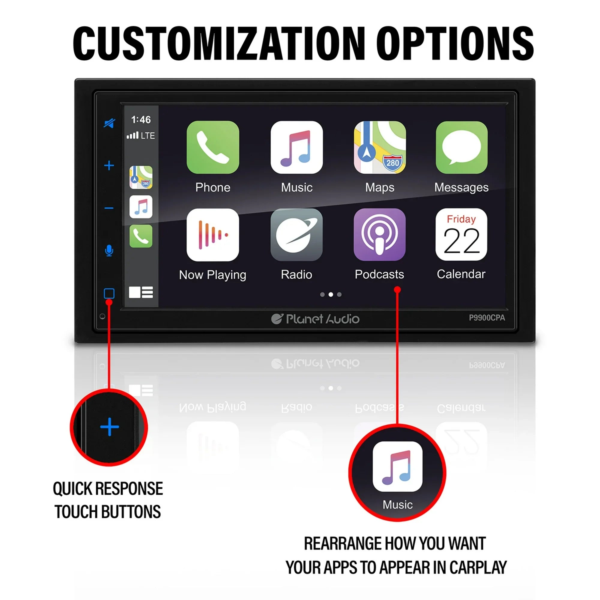 Planet Audio P9900CPA Car Stereo - Apple CarPlay, Android Auto, Double-Din, 6.75 Inch Touchscreen, Bluetooth, No DVD CD Player, AM/FM Radio Receiver, USB