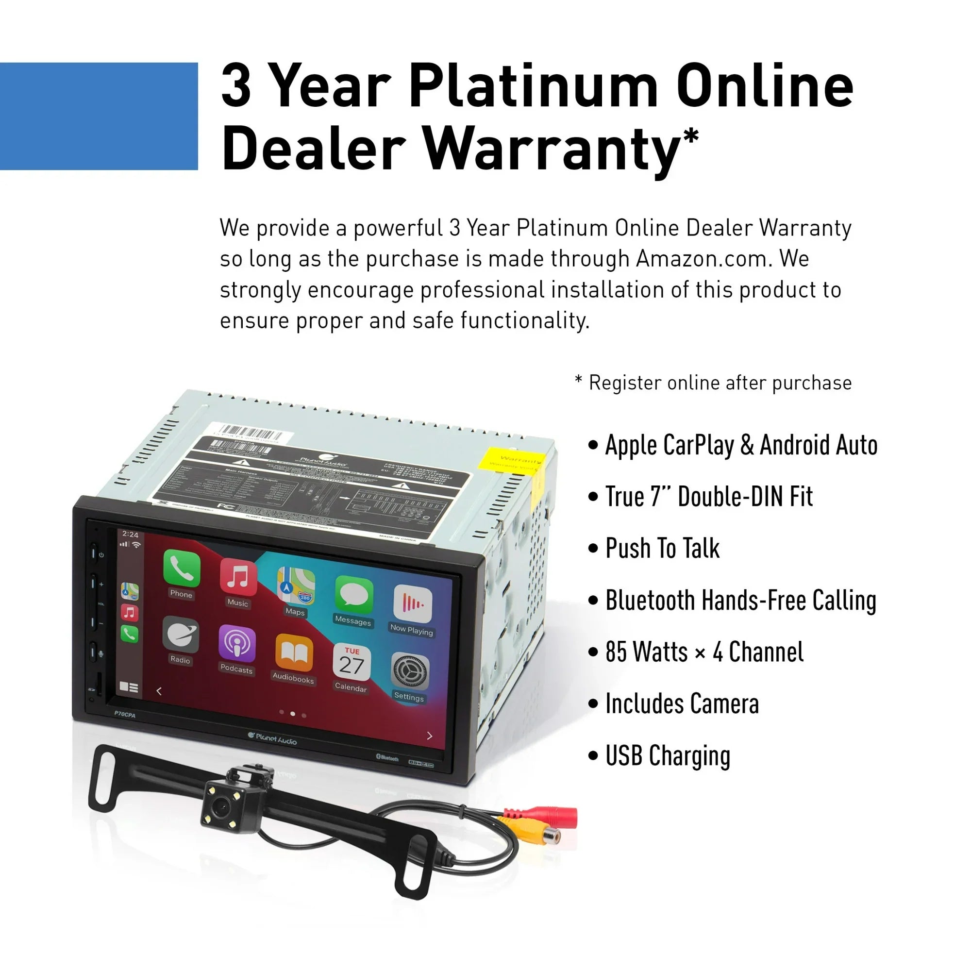 Planet Audio P70CPA-C Car Stereo - Apple CarPlay, Android Auto, Double Din, 7 Inch Touchscreen, Bluetooth, No CD DVD Player, AM/FM Radio Receiver, Backup Camera