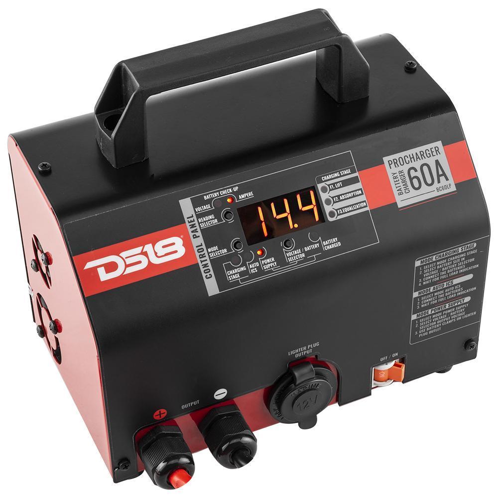 DS18 60 Ampere Selectable Charger and Power Supply. Good for Lead Acid, AGM, and Lithium Batteries Wire Clamps Included Made In Brazil