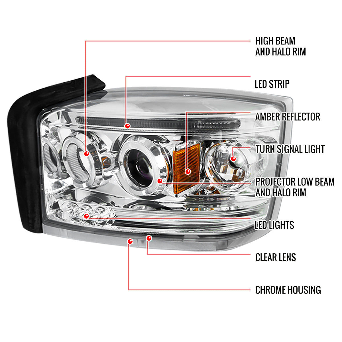 Spec-D 05-07 Dodge Dakota Halo Projector Headlights Chrome