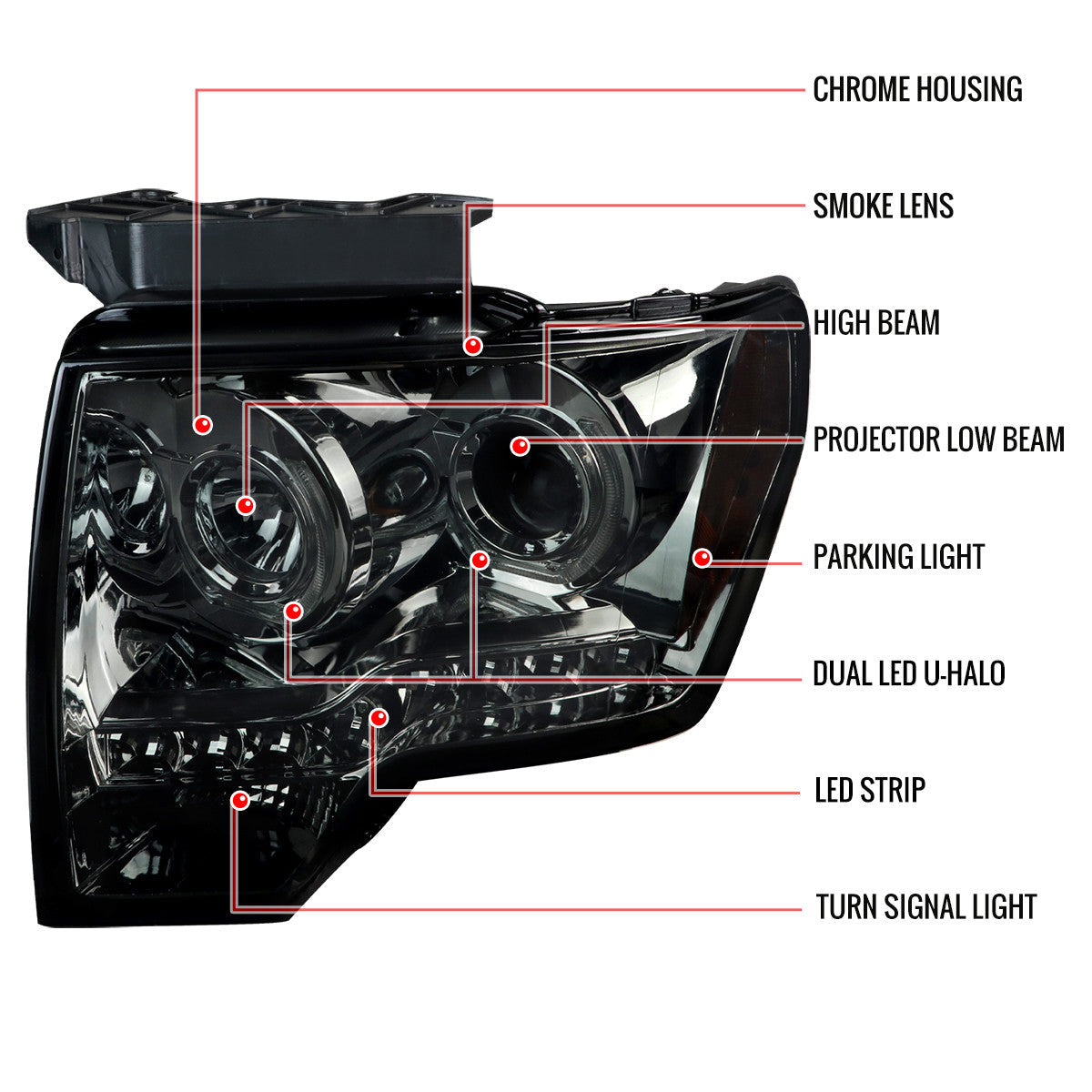 Spec-D 09-14 Ford F150 U-Ring Halo Projector Headlights LED Smoked