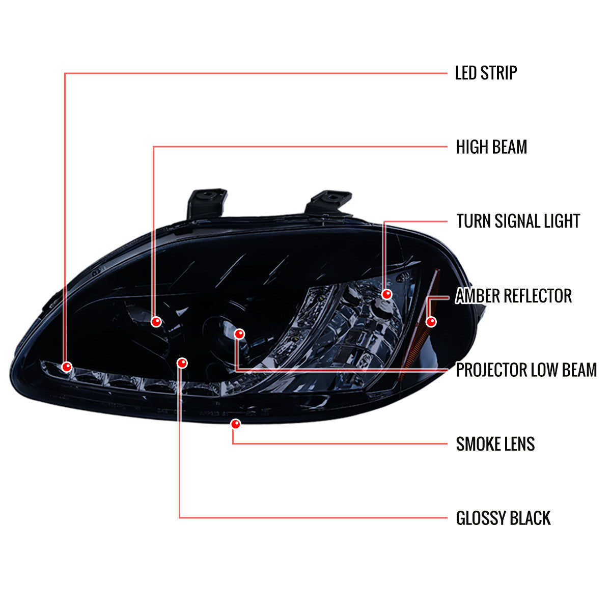 Spec-D 96-98 Honda Civic R8 Style Projector Headlights Smoked