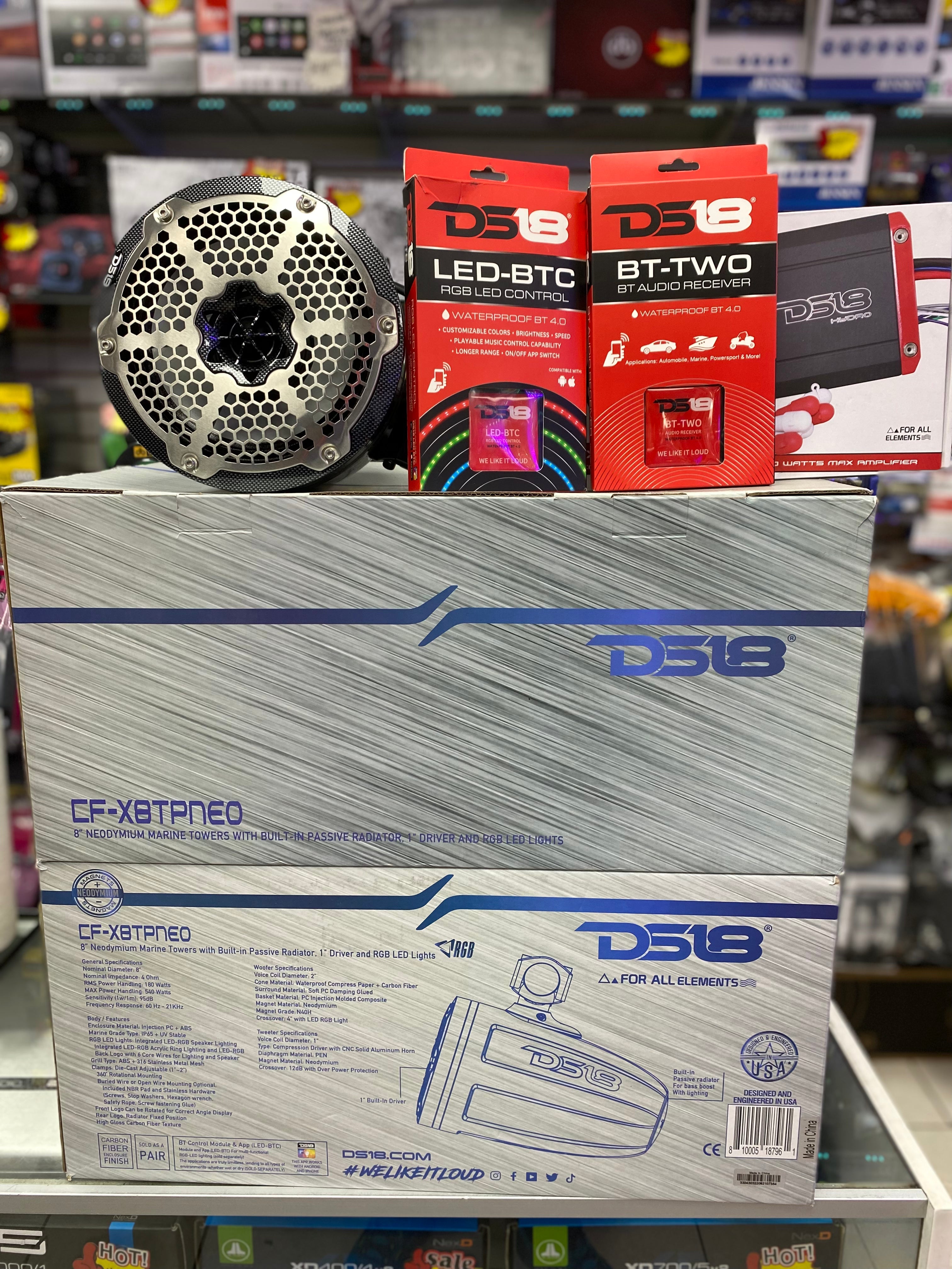 DS18 (HYDRO (2 x CF-X8TPNEO Tower speakers), NXK-X600.4, BT-TWO, LED-BTC) with NEXT DAY SHIPPING.