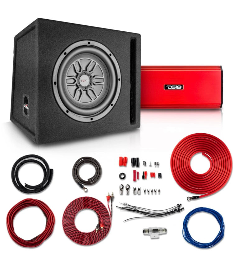 DS18 LSE-110A Bass Package 1 x SLC-MD10 In a Ported Box with S-1500.1/RD Amplifier and 4-GA Amp Kit 400 Watts