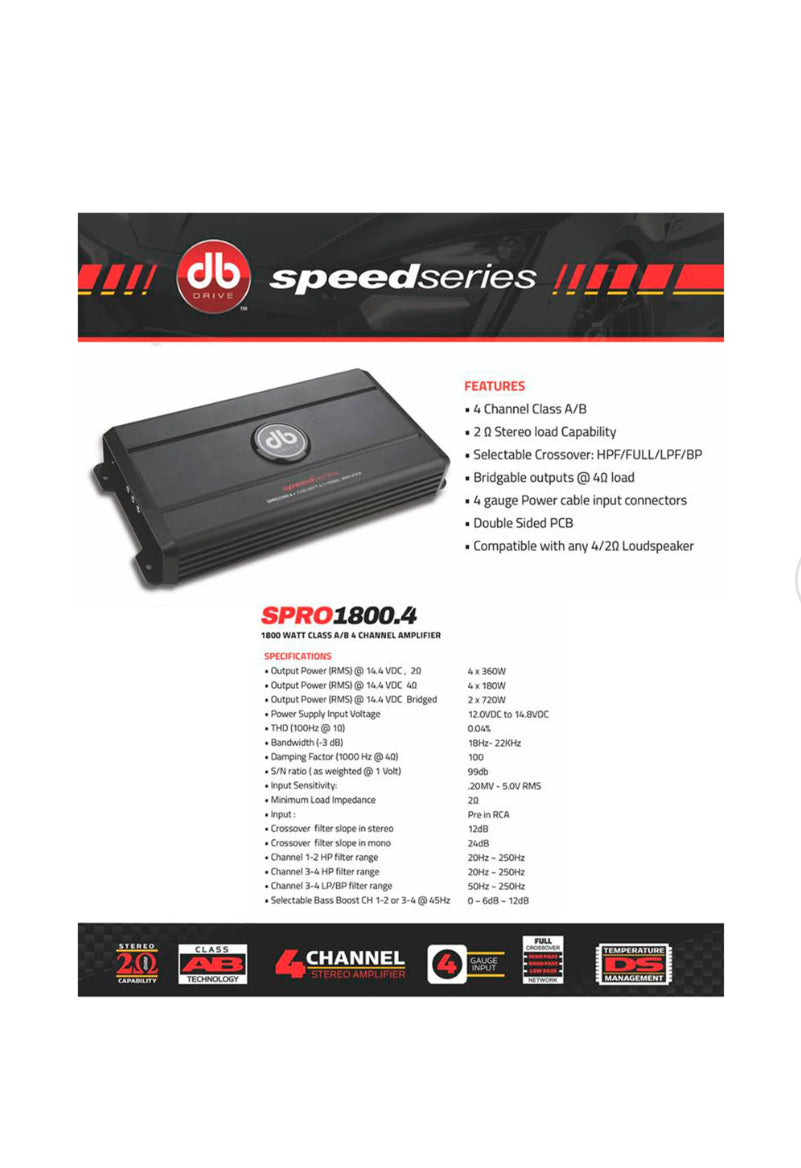 db drive Speed Series SPRO1800.4 - 1800 Watt Class A/B 4 Channel Amplifier