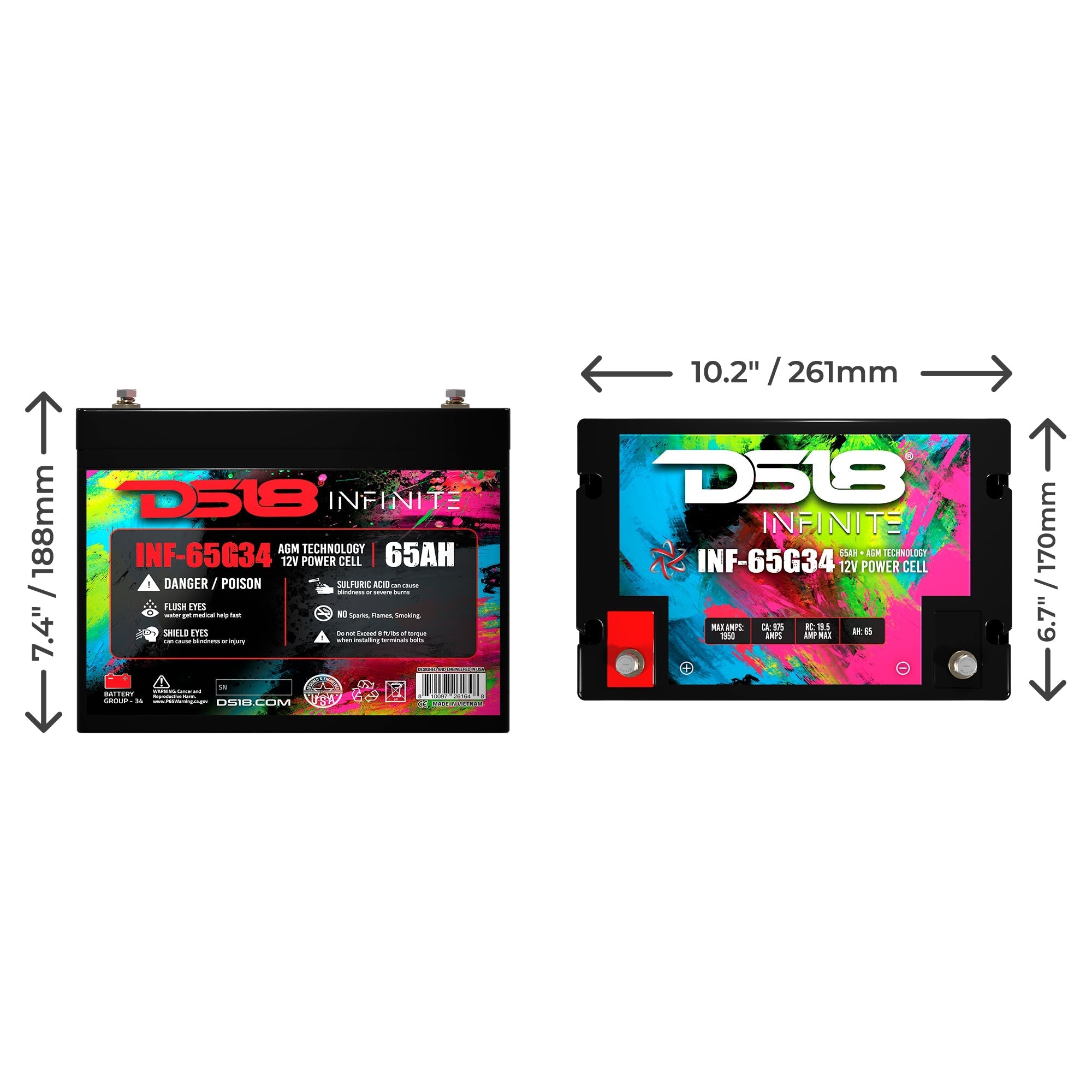 DS18 INF-65G34AH INFINITE 65 AH 2000 Watts AGM Group 34 Power Cell 12 Volt Battery