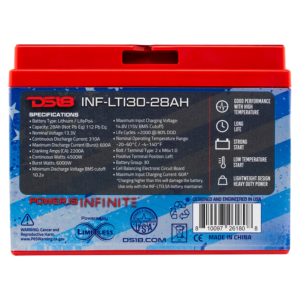DS18 INF-LTI30-28AH INFINITE 28 AH Lithium Battery YTX30 Large Case With BMS - Perfect for Motorcycles
