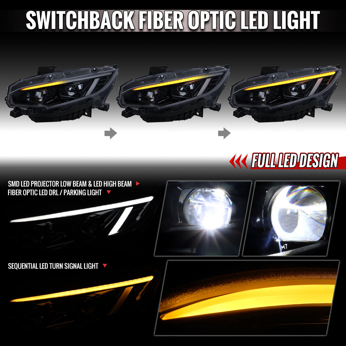 Spec-D 16-21 Honda Civic Led Projector Headlight Black/Smoke Lens