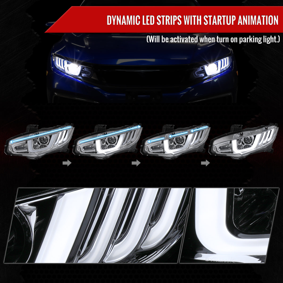 Spec-D 16-21 Honda Civic Projector Headlights Sequential LED Chrome