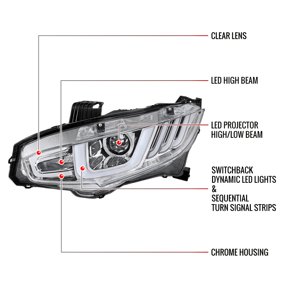 Spec-D 16-21 Honda Civic Projector Headlights Sequential LED Chrome