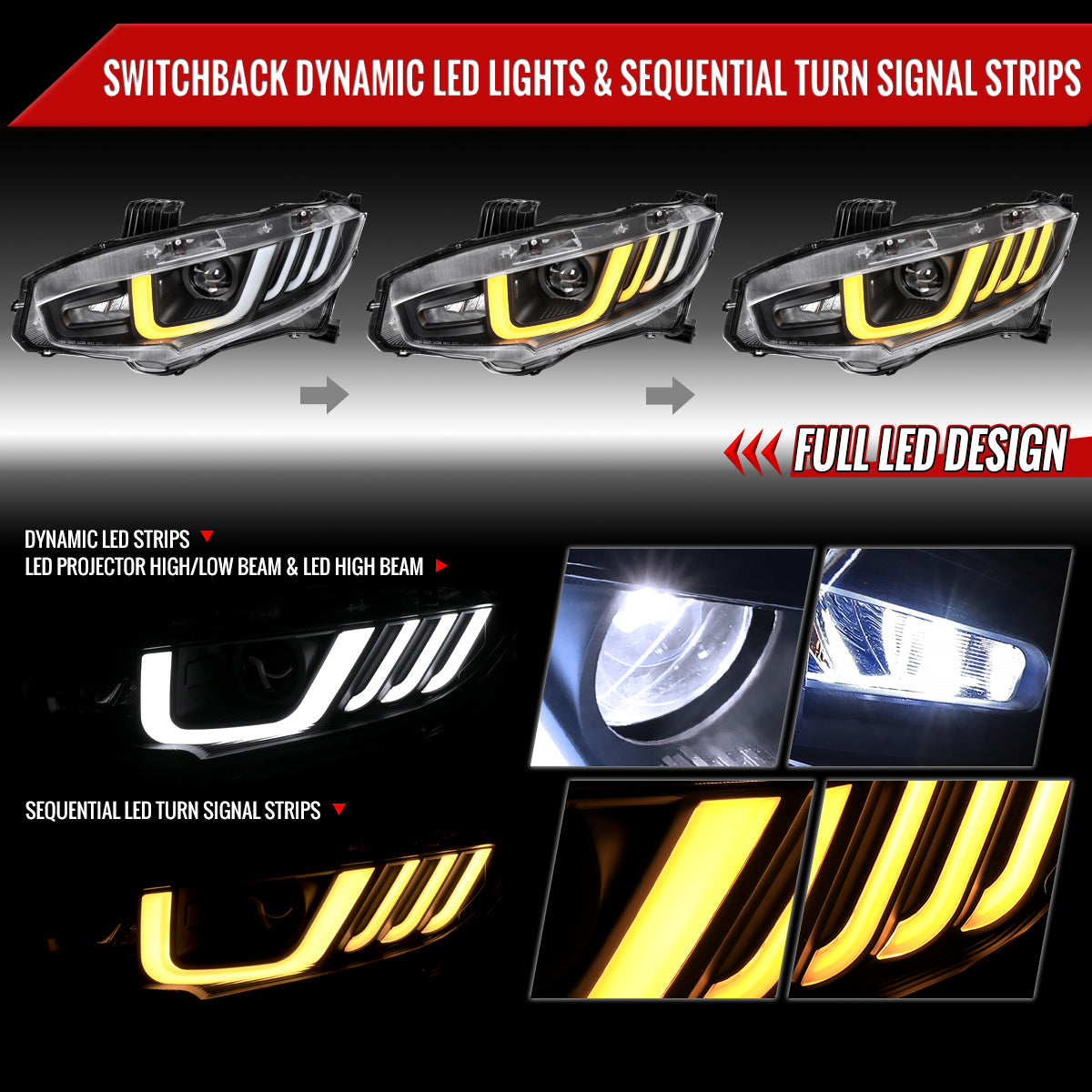 Spec-D 16-21 Honda Civic Headlights LED Switchback Sequential Black