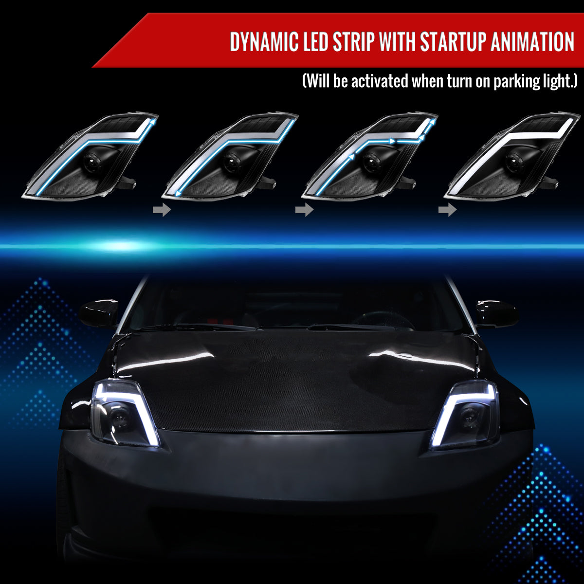 Spec-D 06-09 Nissan 350Z Headlights Sequential LED Bar Black.