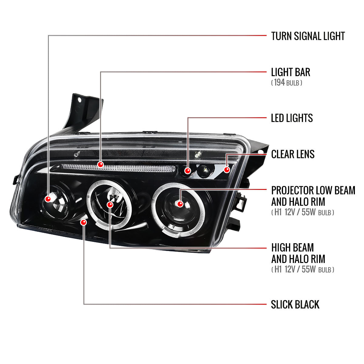 Spec-D 05-10 Dodge Charger Halo Projector Headlights Black
