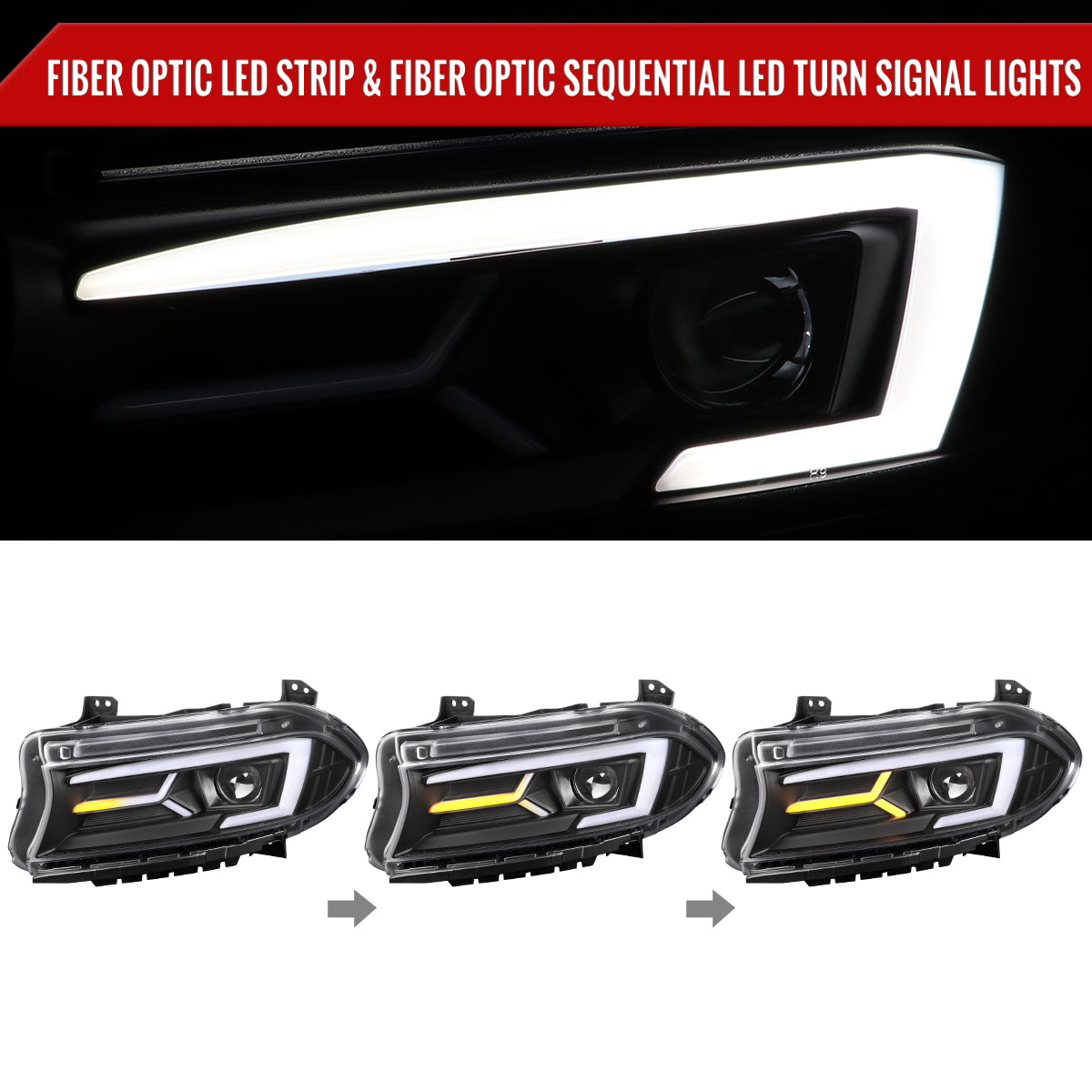 Spec-D 15-23 Dodge Charger Headlights LED Strip Sequential Black