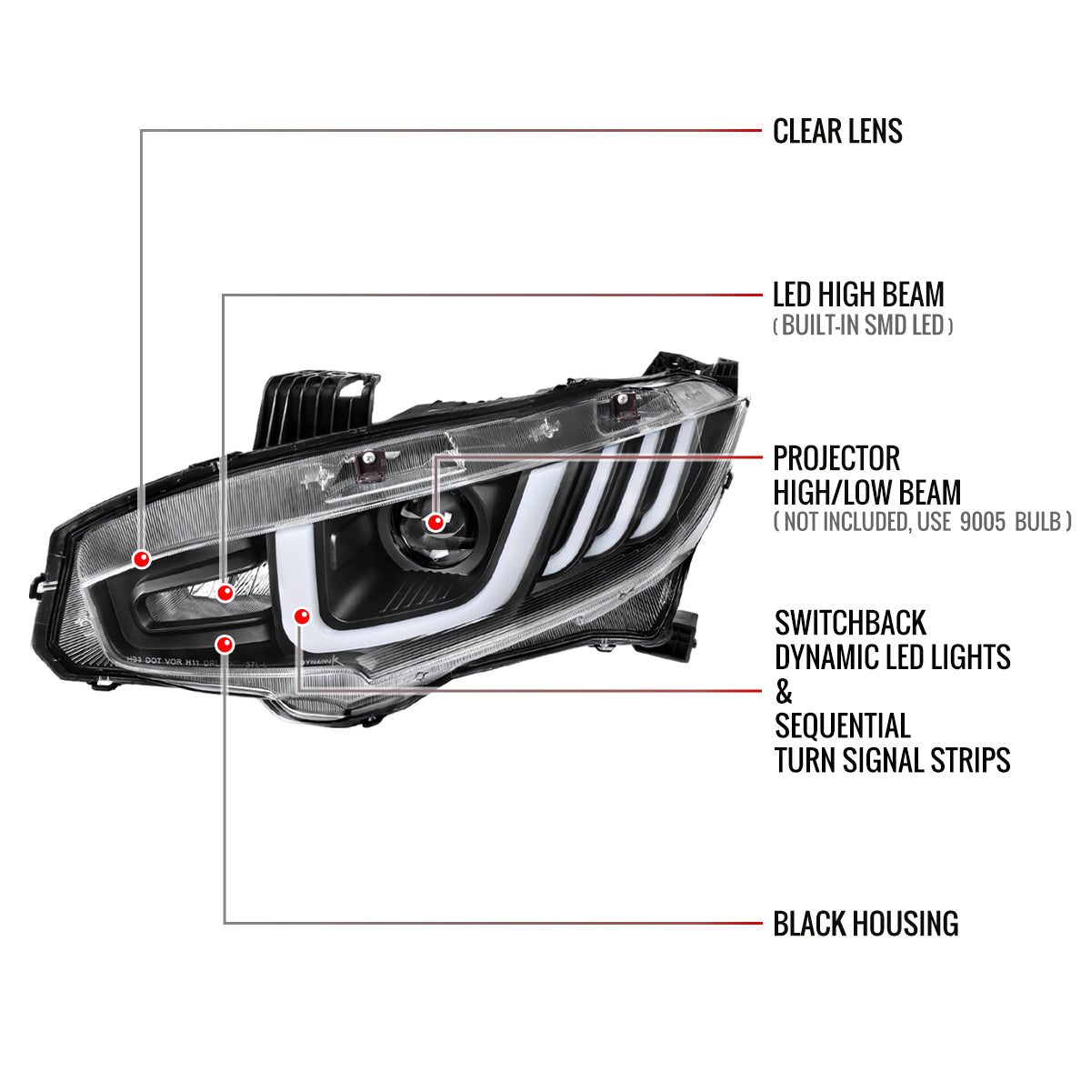 Spec-D 16-21 Honda Civic Projector Headlights LED SEQ Black/Clear
