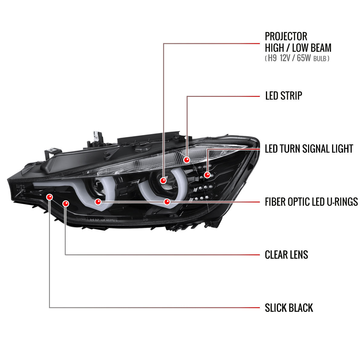 Spec-D 12-15 F30 3-Series 4DR Dual U-Bar Projector Headlights Black