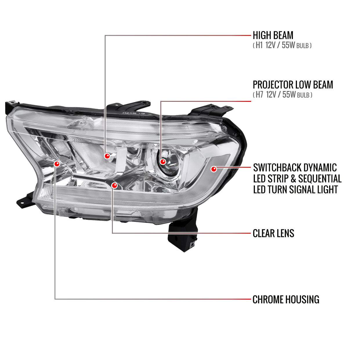 Spec-D 19-22 Ford Ranger SEQ LED Bar Projector Headlights Chrome