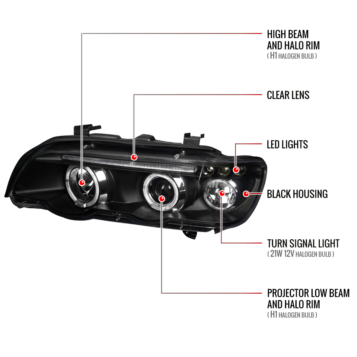 Spec-D 01-03 BMW E53 X5 Halo Projector Headlights Black