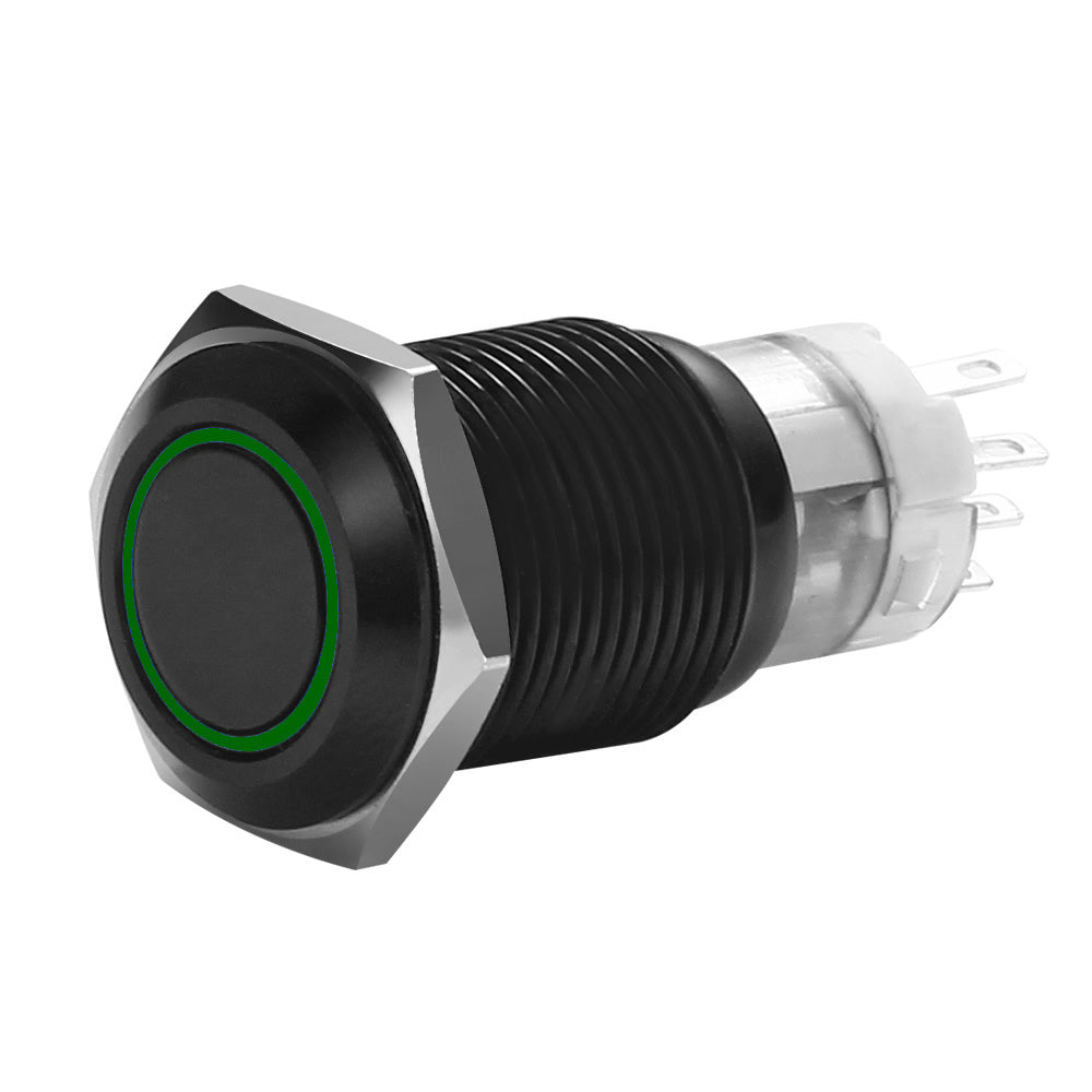 MIBRBSG16 16 MM BLACK MOMENTARY SWITCH WITH HARNESS 5A IP67 - GREEN