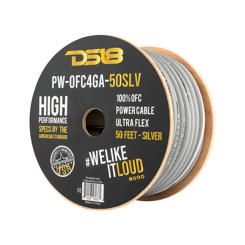 DS18 4-GA 100% OFC Ground, Power Cable, 50 Feet -Silver