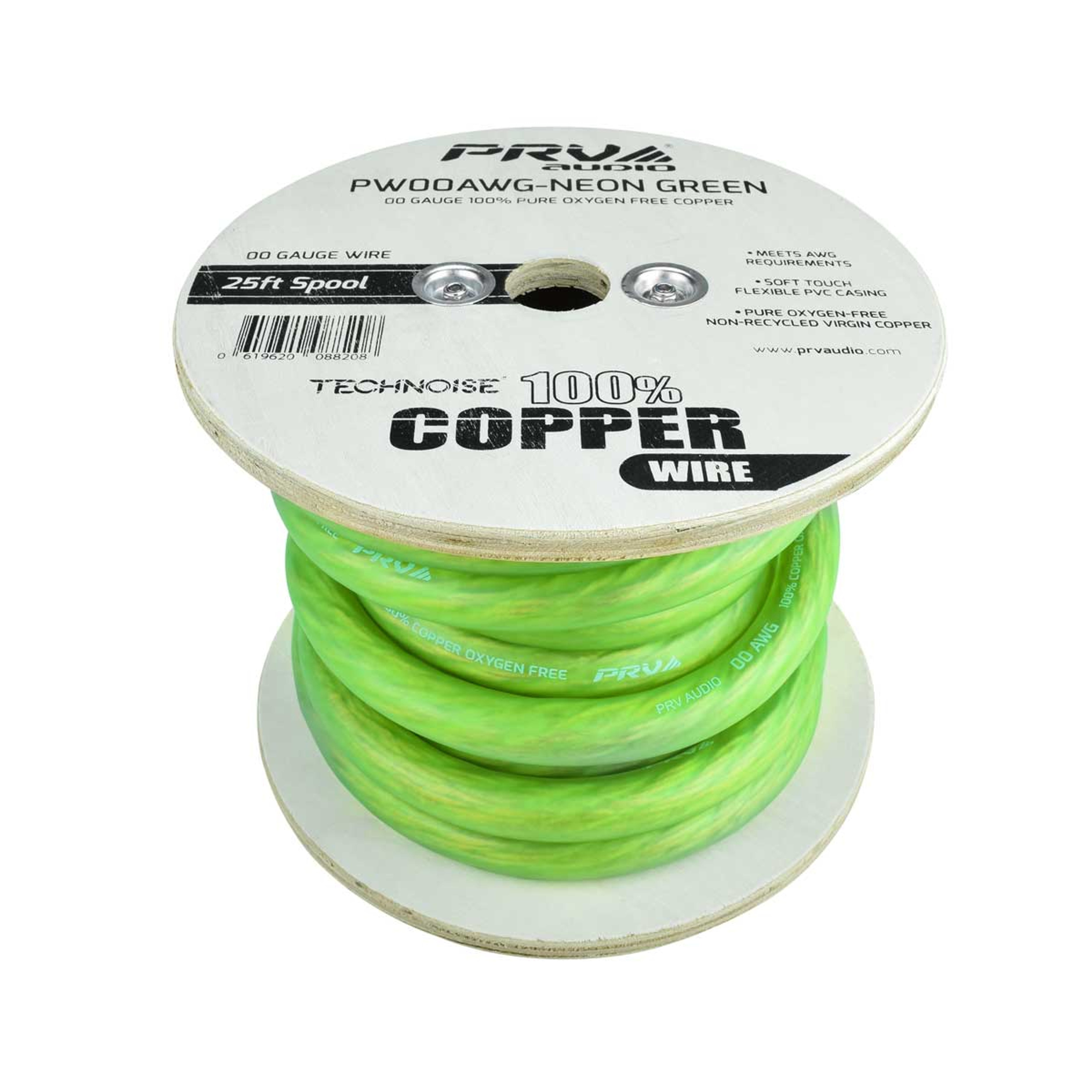 PRV PW00AWG - NEON GREEN 00 GAUGE CAR AUDIO GROUND OXYGEN FREE COPPER CABLE (25FT SPOOL)