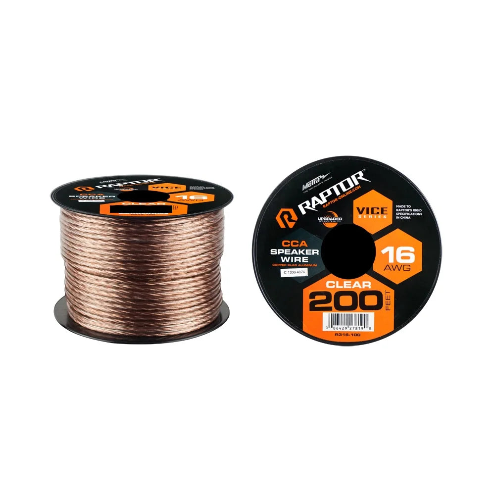 Raptor RSW16-200 Speaker Wire, 16GA, Clear, CCA, 200', Vice Series