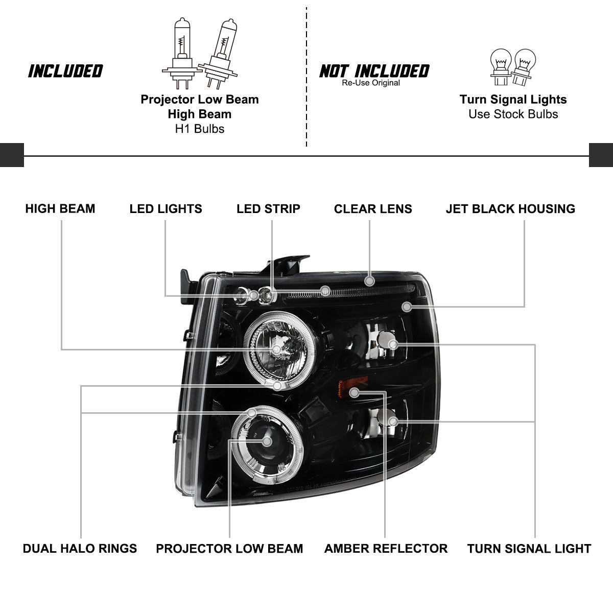 Spec-D 07-14 Silverado Dual Halo Projector Headlights Black