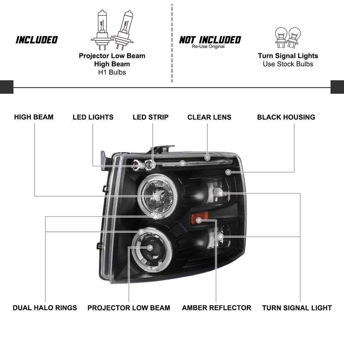 Spec-D 07-13 Chevy Silverado 1500 Halo Projector Headlights Black