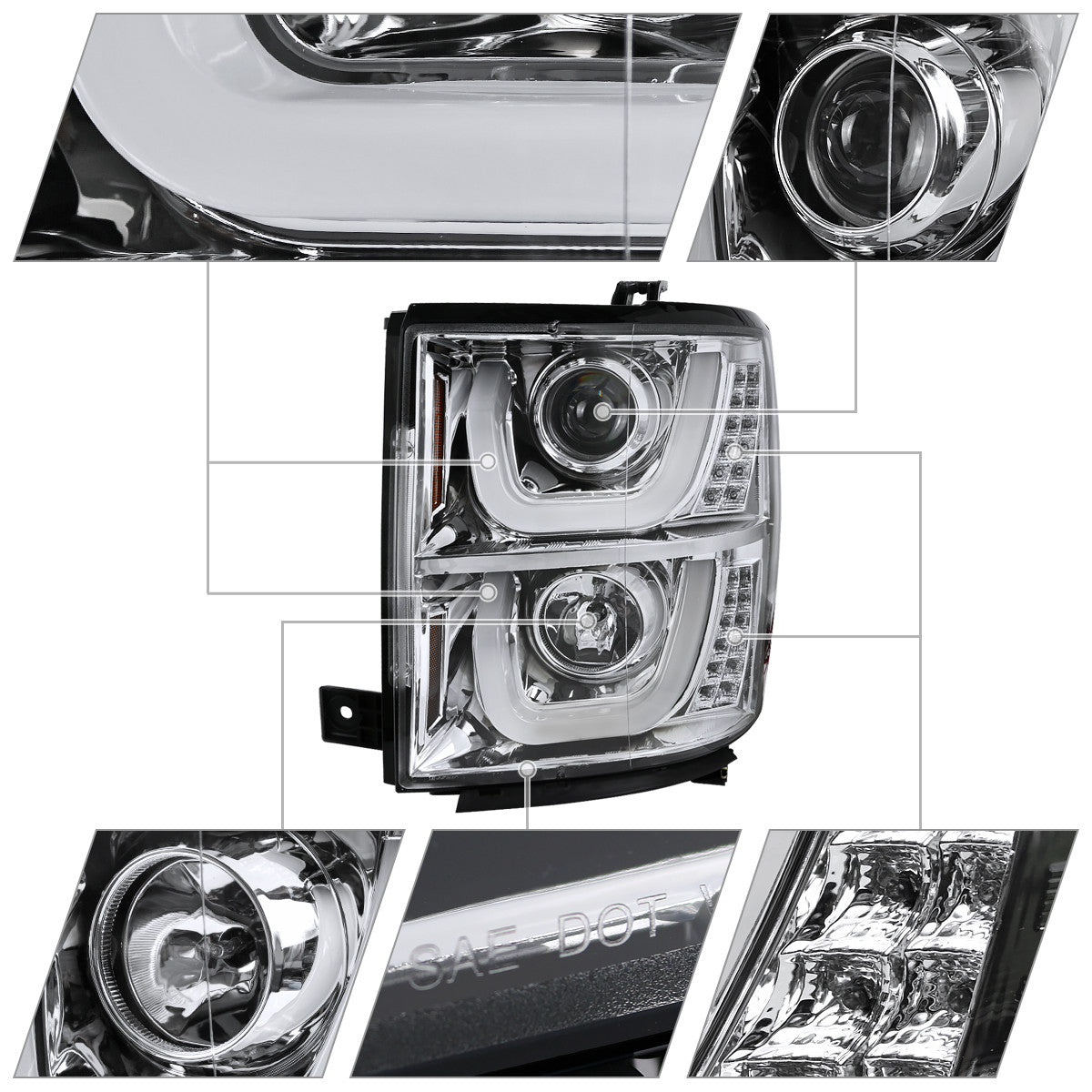 Spec-D 14-16 Silverado U-Bar LED Projector Headlights Chrome