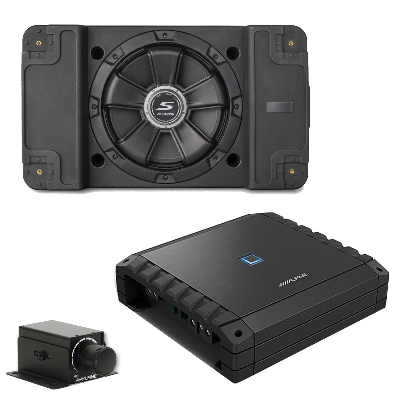 Alpine S2-A60M S-Series Class-D Amp Rux Knob & SS-SB12 Single 12” S-Series Shallow Preloaded Subwoofer Enclosure