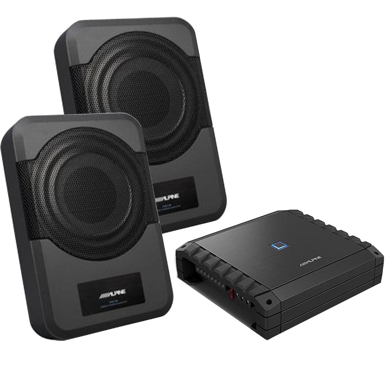 Alpine (2) PWE-S8 Compact 8-Inch Powered Subwoofer System & S2-A36F S-Series Class-D 4-Channel Amp Bundle
