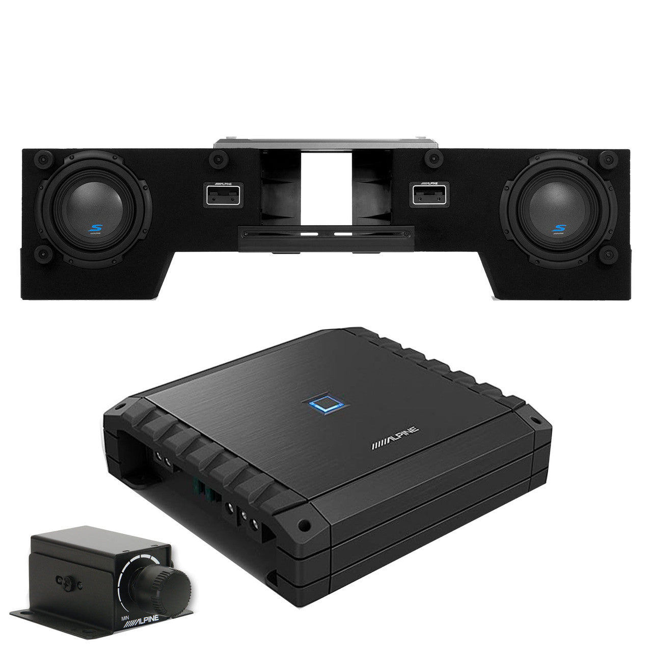 Alpine S-DB8V-TRK Dual 8” Halo S-Series Preloaded Truck Subwoofer Enclosure with ProLink™ w/ S2-A60M Amp Bundle & Rux Knob