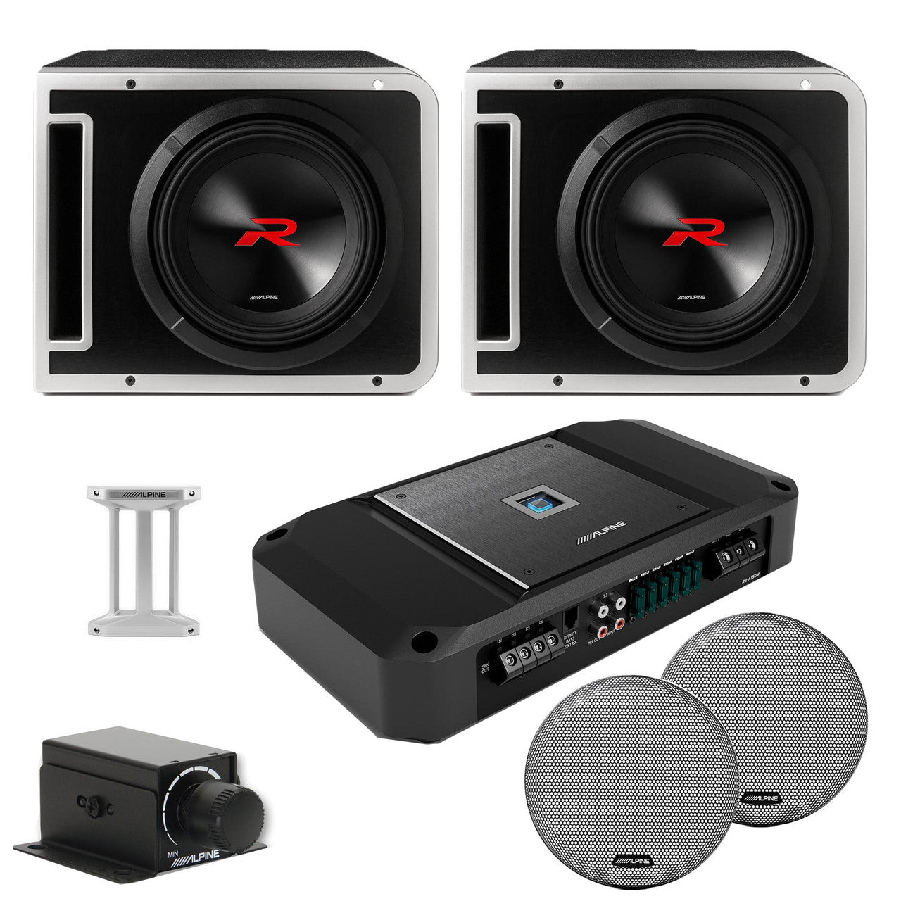 Alpine (2) R2-SB10V 10-inch R-Series Halo Preloaded Sub Enclosure including ProLink™ w/ R2-A150M Amp, Grill & Rux Knob Bundle