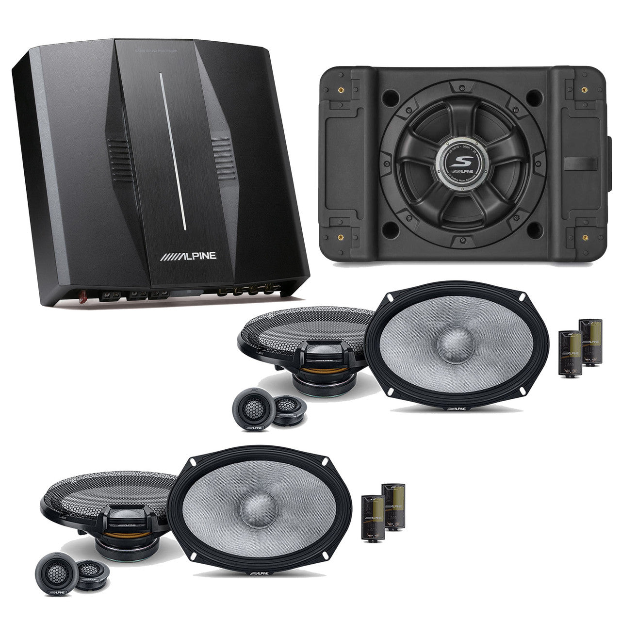 Alpine PXE-C80-88 OPTIM8 8-Channel Hi-Res Digital Sound Processor Amplifier w/ SS-SB10 Subwoofer, (2) R2-S69C Bundle