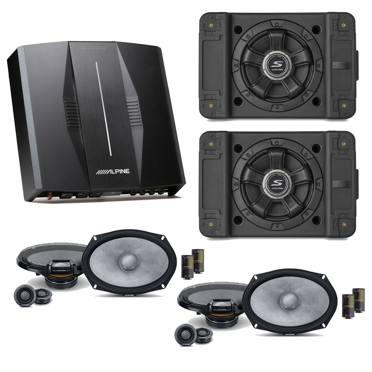 Alpine PXE-C80-88 OPTIM8 8-Channel Hi-Res Digital Sound Processor Amplifier w/ (2) SS-SB10 Subwoofer, (2) R2-S69C Bundle