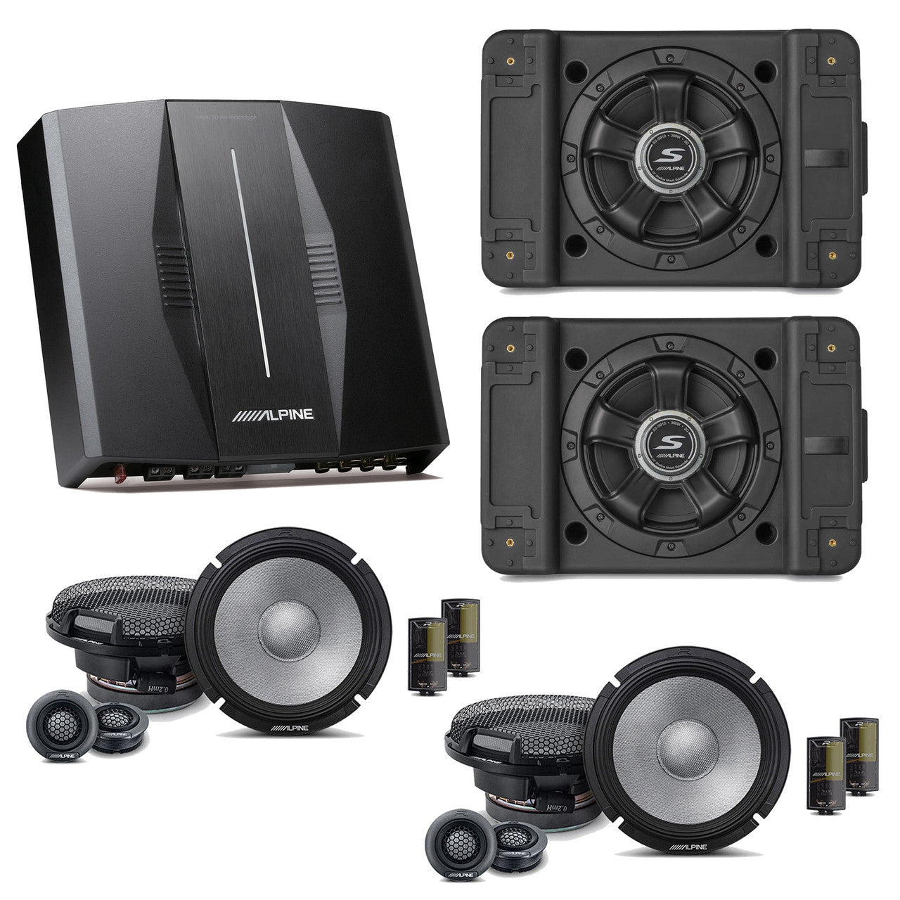 Alpine PXE-C80-88 OPTIM8 8-Channel Hi-Res Digital Sound Processor Amplifier w/ (2) SS-SB12 Subwoofer, (2) R2-S65C Bundle