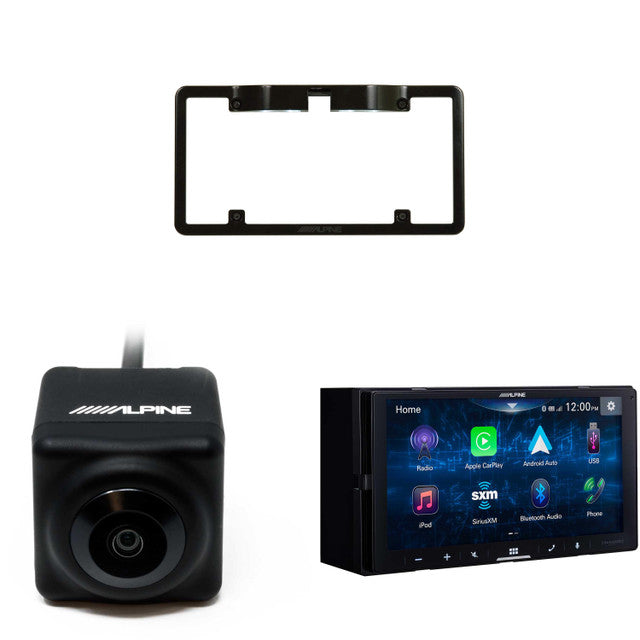 Alpine iLX-W670 7-inch Ultra-Shallow Digital Multimedia Receiver with HCE-C1100 Backup Camera & KTX-C10LP Plate Frame Bundle