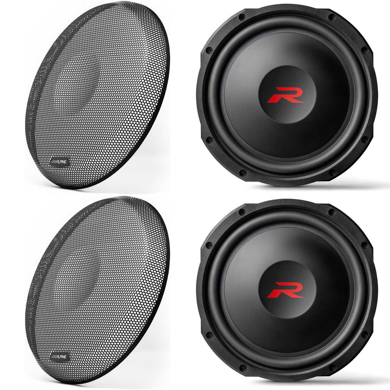 Alpine (2) RS-W12D2 12-inch R-Series Shallow Subwoofer Dual 2 Ohm & Grill Bundle